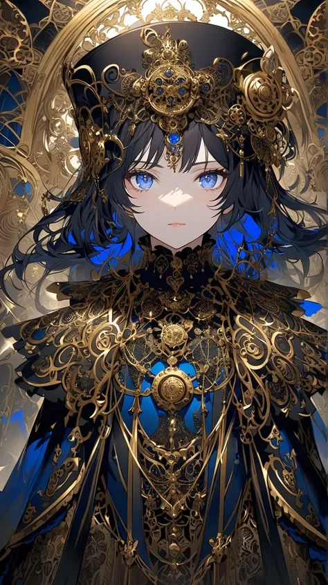 A young woman with striking blue eyes and dark hair. She is adorned with a black hat that is heavily embellished with golden gears, ornate details, and feathers. The hat appears to be inspired by the steampunk aesthetic. She wears multiple layered necklace...