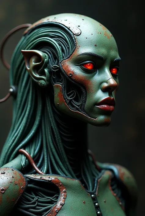 Highranks ultimate evolution creature, beyond the fantasy,complex wire and cable intricate mechanical head, Midnight green and cranberry red armor, a close up portrait photography, dark moody atmosphere