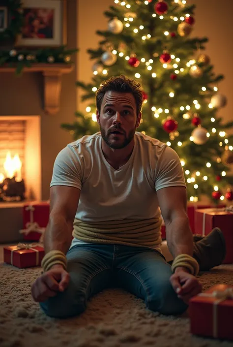 Chris Pratto tied under a Christmas tree