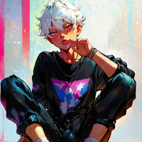 Anime style femboy with short white hair in a black sweatshirt and black tights , with his legs open showing his crotch while touching his groin which is his small penis