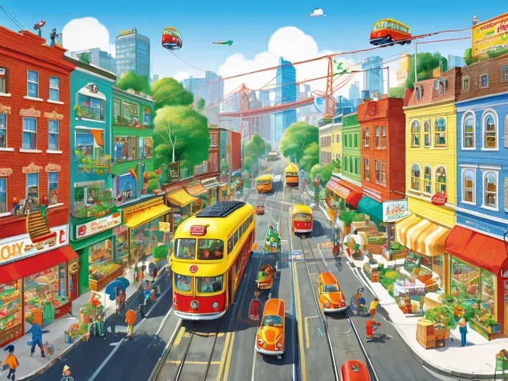 City View, daytime, by Richard Scarry, enhance, intricate, (best quality, masterpiece, Representative work, official art, Professional, unity 8k wallpaper:1.3),

No tall buildings,
a park and a vegetable shop,
buses and trains,
ren jumping rope.