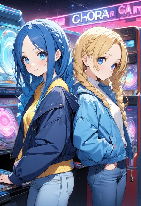 Stand back to back, (2 girls are beautiful and charming body style), ((Each girl has a unique appearance)). BREAK. (First girl is ultra cute, cute smile, vivid blue hair, forehead long hair, cute blue eyes, small tits), (in a casual blue Jacket, denim jean...