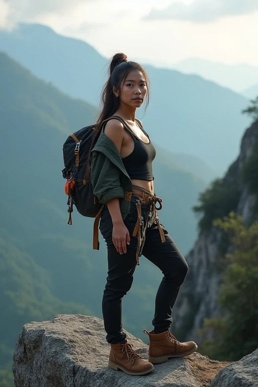 A beautiful indonesian woman, big breasts, tied hair, wearing tanktop and mountain jacket, tight cargo pant and leather boot, climbing tools and accesories on her waist belt. Bought climbing backpack. climb Monolit rock at the top of mountain. morning clou...