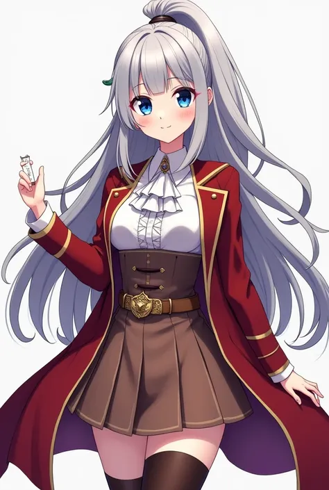 "A Japanese anime-style illustration of a 16-year-old girl in a modern isekai fantasy world, wearing a fantasy-inspired academy uniform. She has long, flowing silver-gray hair tied into a high ponytail that cascades elegantly down her back, with soft stran...