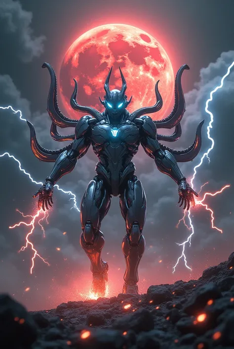 Cyborg Nine tails with full power strike by lightning in night under mars planet