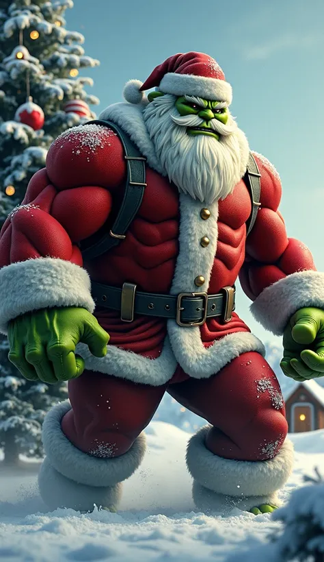 "A hybrid character that merges the features of Santa Claus and a Hulk-like being into a single, formidable entity. The figure has the Hulks enormous, muscular frame and green skin, but is dressed in a rugged version of Santas red suit with white fur trim,...