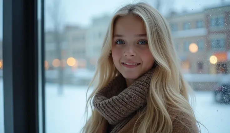  High quality. A real girl with 18 years old with beyond floor length blonde hair and see her "whole" body standing on the right of floor to ceiling window, must see her whole body. The scenario of window shows winter city in modern city. This graph MUST s...