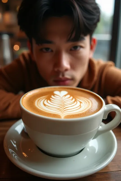 A mesmerizing, high-quality 8K image showcasing a handsome Korean young man wearing trendy clothes taking a selfie with a cup of coffee. The delicate foam forms a silhouette of a tiger, blending exquisite style and intricate details. The play of light and ...