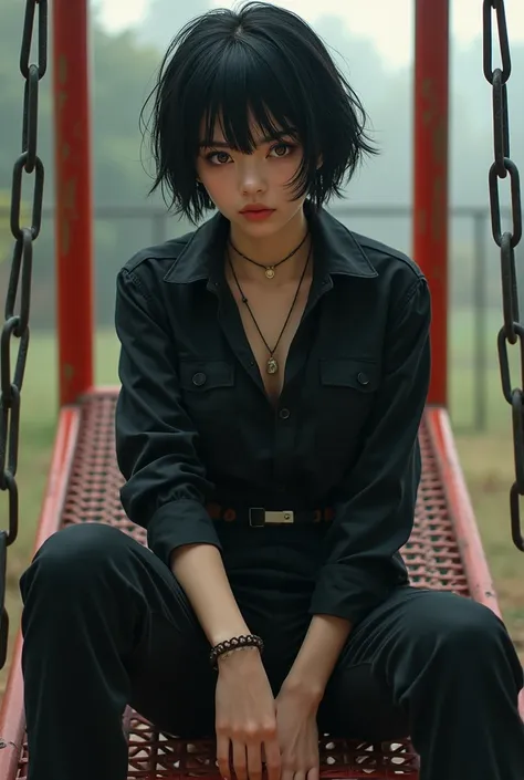 A female college student, age 20 with short black hair like a tomboy, wearing an outfit like a delinquent in the color black, excellent physique, brown eyes, having a serious yet menacing look daring anyone to mess with her, sitting on jungle gym with knoc...