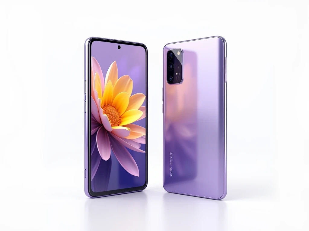 An elegant and modern foldable smartphone, half-opened and fully closed, with a sleek lavender finish. The front screen displays a vibrant, futuristic abstract flower animation in shades of yellow and purple, while the back features a glossy panel with dua...