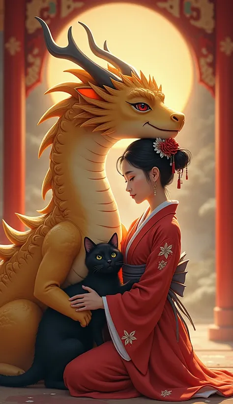 A realistic dragon with a golden body and a black cat snuggle up to a beautiful shrine maiden、The shrine maiden faces the front  、  looking at camera　shrine　New Year
