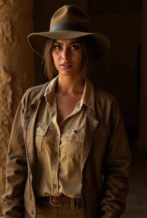 Photo of a gorgeous female indiana jones in a temple. She is wearing indiana jones clothes. She is wearing a beige button down shirt and a leather jacket. She is standing in a temple. She has a slim waist. Skinny waist. She is wearing indiana joness hat. S...