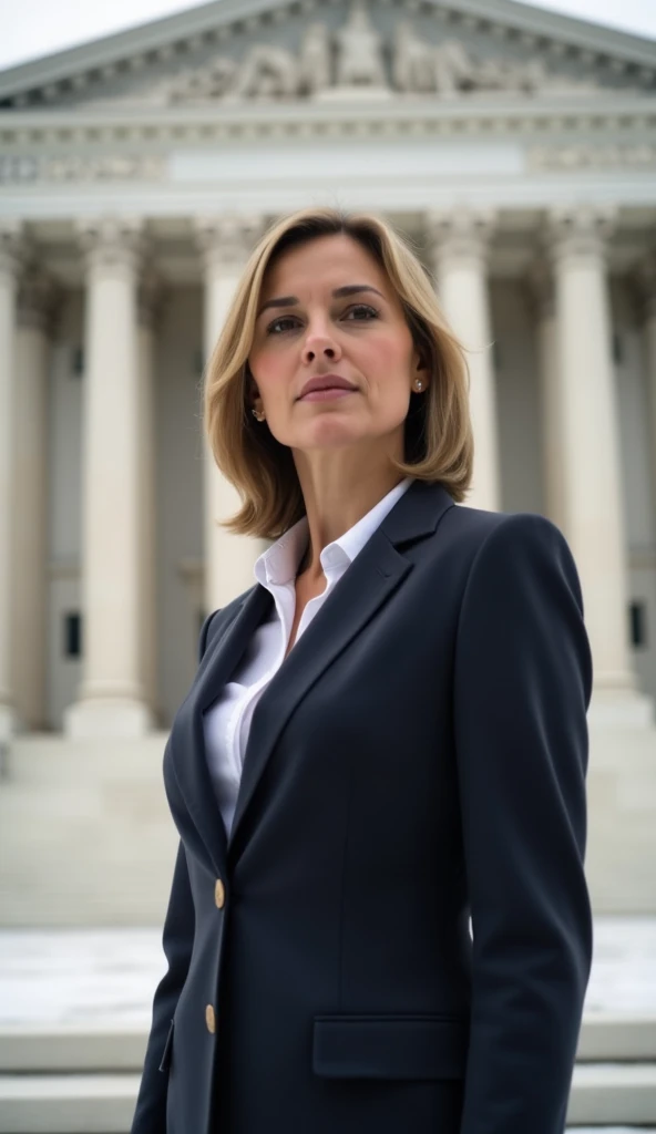 A 38-year-old woman in a tailored suit, standing in front of a government building.