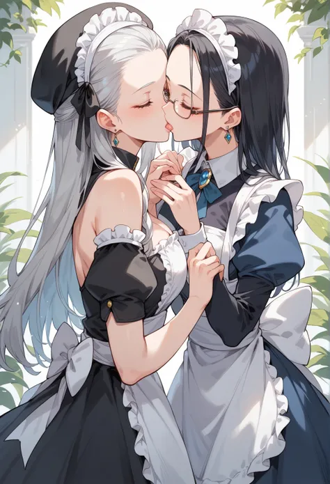 2girl, (kiss:1.3), (mouth to mouth:1.3) ,yuri, woman with a hat and a dress holding a small maid girl, two beautiful anime girls, black - haired mage, silver hair maid, mage hand grab maid hip, mage wear Glasses, A jewel on the maids forehead, maid hand gr...