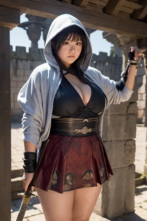 swing the sword forcefully，a chubby girl NINJA covered in bloodstain, topless, ancient patterned skirt, holding a sword in hand, assassination mission, hooded cloak，old castle