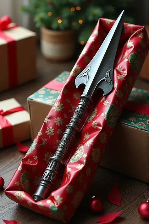 2 meter long metal spear packed as a Christmas present from Sagramor