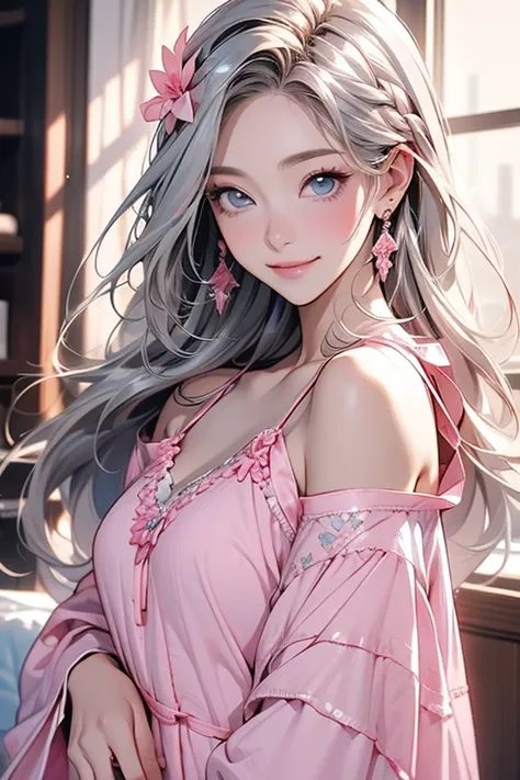 (masterpiece: 1.2,  top quality),((Her hair is silver:1.35)). (  real pictures  ,        complicated details   ), 1. woman, Alone,     upper body,     Casual ,     shoulder-length hair   ,  minimal makeup , Natural materials,     close-up of a face making ...