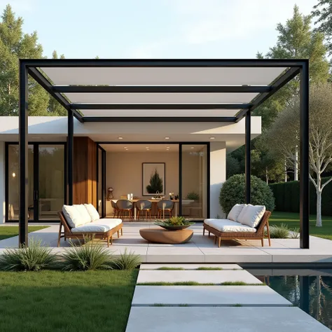 Design a simple, realistic minimalist canopy focusing on a clean and sleek structure, featuring large hollow steel columns. The canopy structure should be made from lightweight steel framing. Ensure the background shows a couple’s home while keeping the ca...