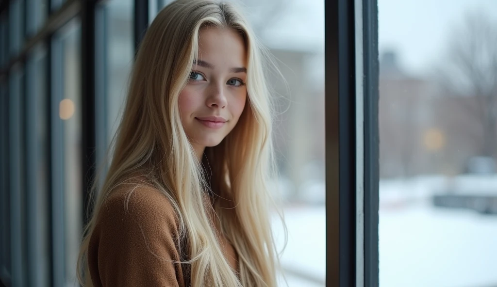  High quality. A real girl with 18 years old with beyond floor length blonde hair and see her "whole" body standing on the right of floor to ceiling window, must see her whole body. The scenario of window shows winter city in modern city. This graph MUST s...