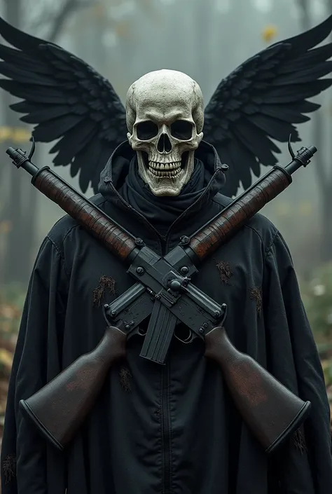 A symbol of a black-winged skull ,  soldiers shoulders wearing a black and torn uniform  ,  along with X-shaped rifles behind the symbol 