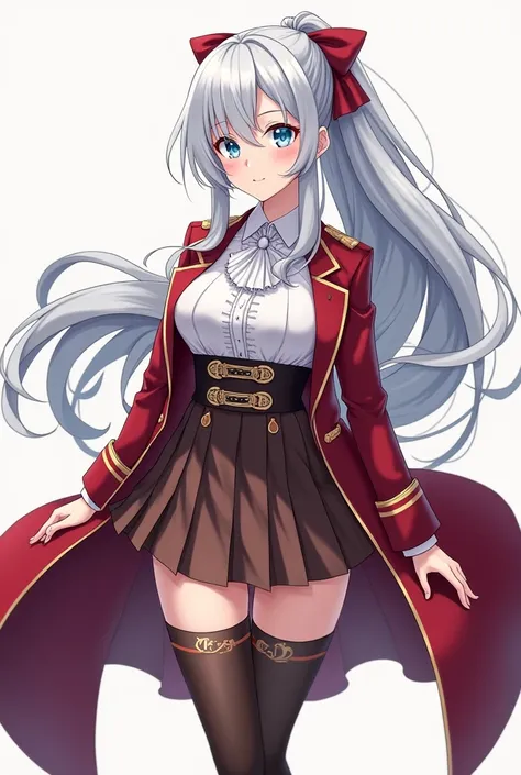 "A Japanese anime-style illustration of a 16-year-old girl in a modern isekai fantasy world, wearing a fantasy-inspired academy uniform. She has long, flowing silver-gray hair tied into a high ponytail that cascades elegantly down her back, with soft stran...