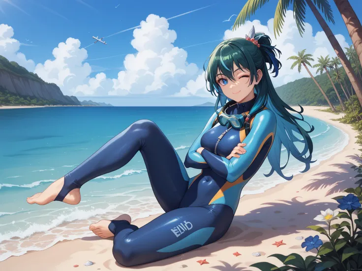 1 girl, black with blue line wetsuit, diving mask with snorkel, seaside,masterpiece,best quality,amazing quality,very aesthetic,high resolution,ultra-detailed,newest,scenery, palm_trees, solo, long hair, breasts, looking at viewer, smile, bangs, green_hair...