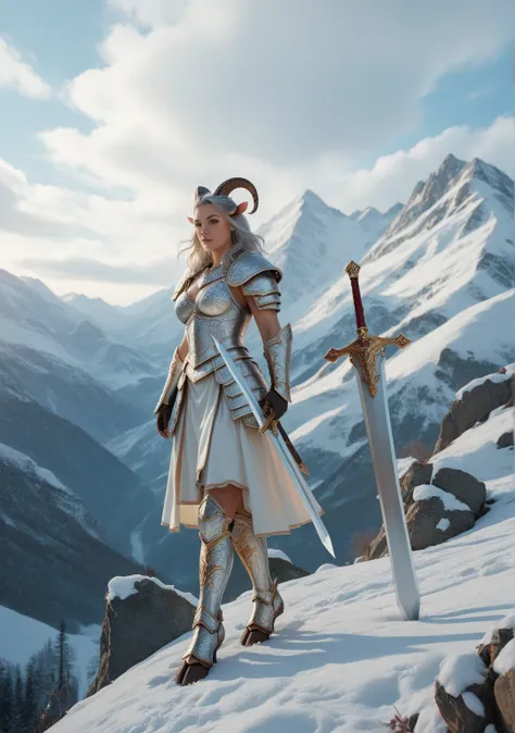  Woman in white armor , majestic,  rising with goat horns , with a silver sword ,  standing on top of a snowy mountain