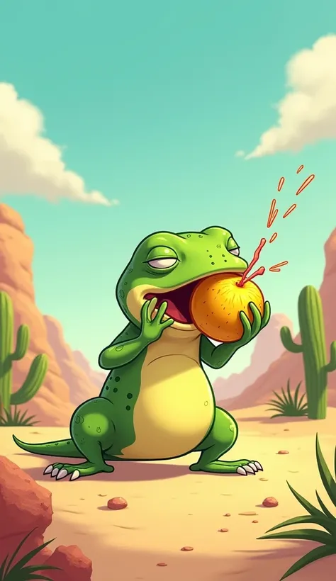 strong wind blows and  a cactus fruit smacks  in the face of A small cartoon Lizard (A light green with a yellow belly,dark green spots , chubby, sleepy lizard with droopy eyes, short legs, and a laid-back, carefree vibe.) in a sunny desert