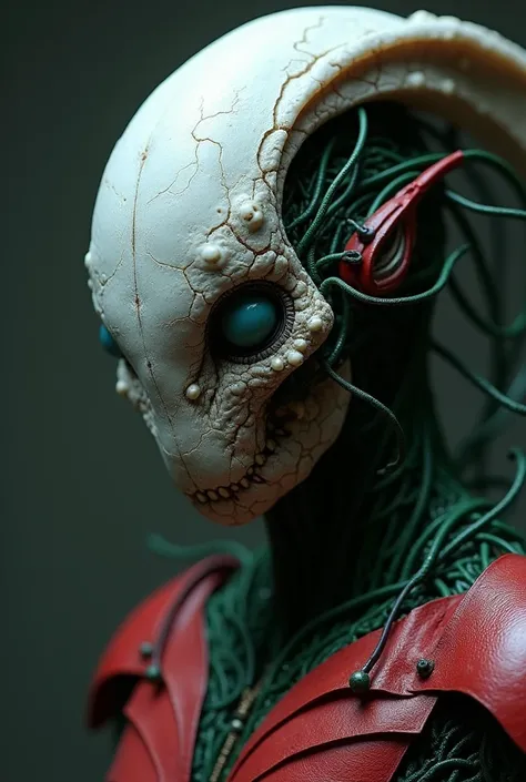 Highranks ultimate evolution creature, beyond the fantasy,complex wire and cable intricate bio-organic flesh faceless head, pure white, Midnight green and cranberry red armor, a close up portrait photography, dark moody atmosphere