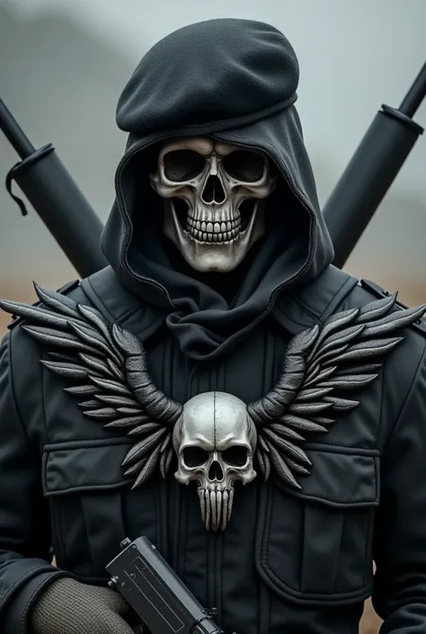 A symbol of a black-winged skull ,  soldiers shoulders wearing a black and torn uniform  , along with X-shaped rifles behind the symbol and black beret on the head 