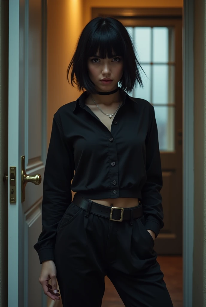 A female college student, age 20 with short black hair like a tomboy, wearing an outfit like a delinquent in the color black, excellent physique, brown eyes, having a menacing look due to uninvited guests thus having standing outside of an apartment buildi...