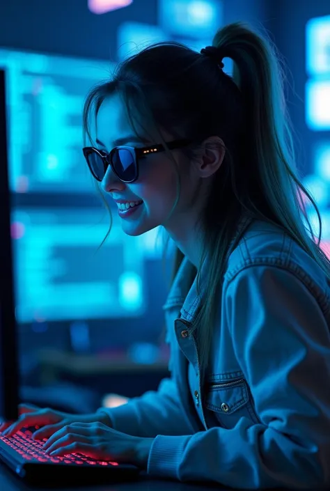 A girl use computer use sunglasses happy in programming blue neon lights 