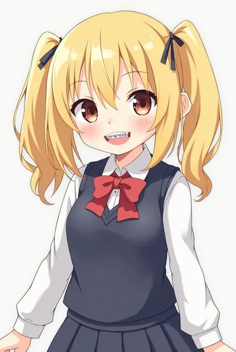 Draw a slightly chubby girl with blond hair, twin tails, braces, spit, and a uniform with a bully face