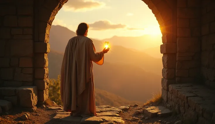 "A wide shot of John standing at the entrance to the hermitage, looking out toward the horizon with the philosopher’s stone in his hand. The scene is bathed in soft golden light, and the mountains in the distance symbolize the potential and challenges ahea...