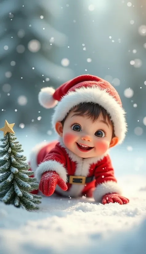 Cute  little chubby  boy wearing santa clause dress in snow , crawling on snow ,  hand  Christmas tree, 