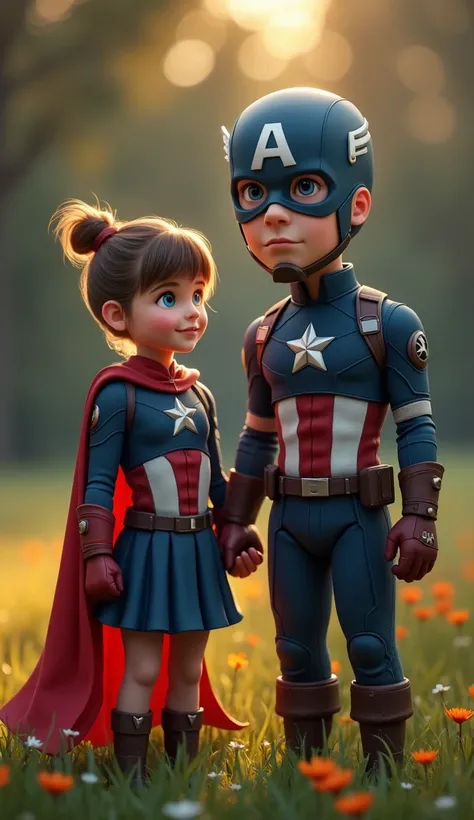 A Very cute super girl with short hairs a Very cute face standing with mascular captain America holding their hand make a hd 4k image with a grassy background and song house backside and lights in the tress 