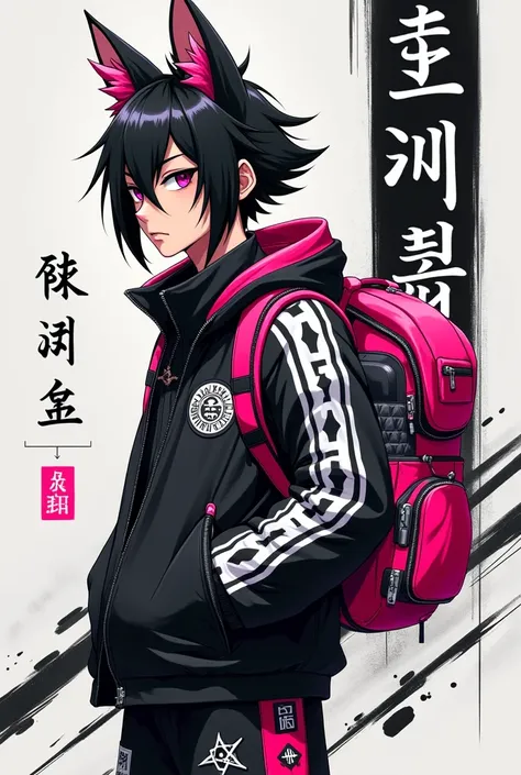 A foto realistis stylized, anthropomorphic Korean handsome young man with a fluffy head and long, expressive ears. He wears a striking outfit in black, white, and pink, with intricate astrological and Chinese characters and other symbols adding flair to th...