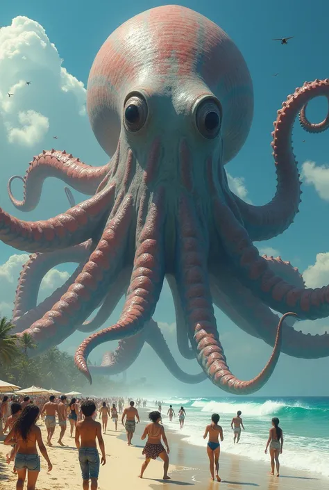 Giant squid surrounded by people on the beach.