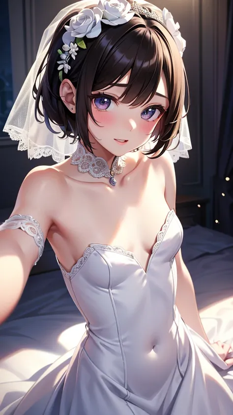  wedding dress, very young beautiful girl,Very slim body,Short brown hair,Correct human body, detailed eyes, detailed face , very beautiful face, very cute face , sexy lips, beautiful skin, evenly balanced eyes,Droopy eyes, Very Embarrassing Face , Sexual ...