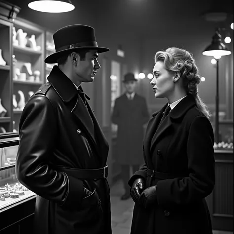  Create a scene from an old black and white movie where a German detective in a black hat and leather coat and his charming young German blonde assistant are investigating a case involving the theft of jewelry from a store.  They stand in the middle of a l...