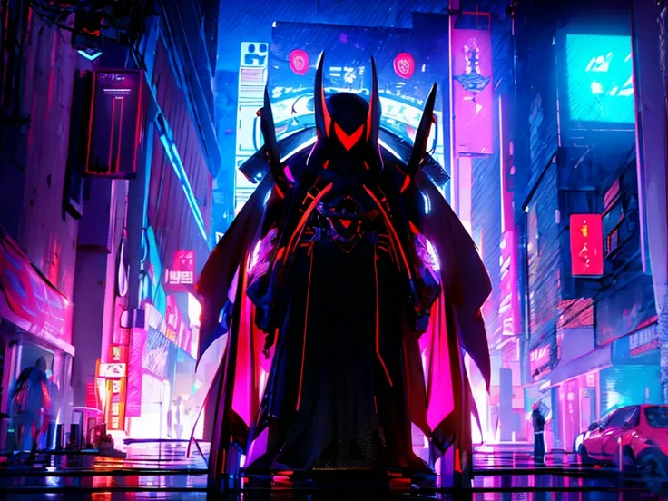 Design a striking cyberpunk-inspired image of a mysterious spiderman cyberpunk samurai character, wearing an intricate mask,The dark background should be illuminated by vibrant aura burning background.Let the interplay of darkness and neon light create an ...