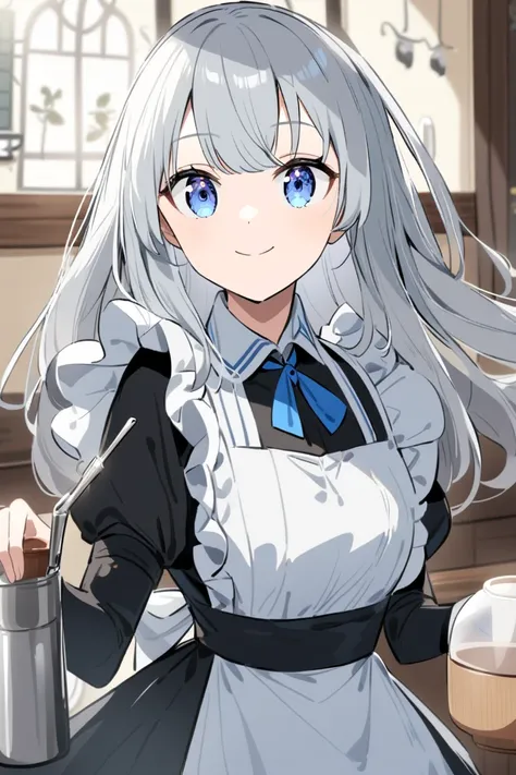 A beautiful, silver-haired, blue-eyed anime-style girl in French maid clothes pouring tea at a coffee shop is staring at me and smiling