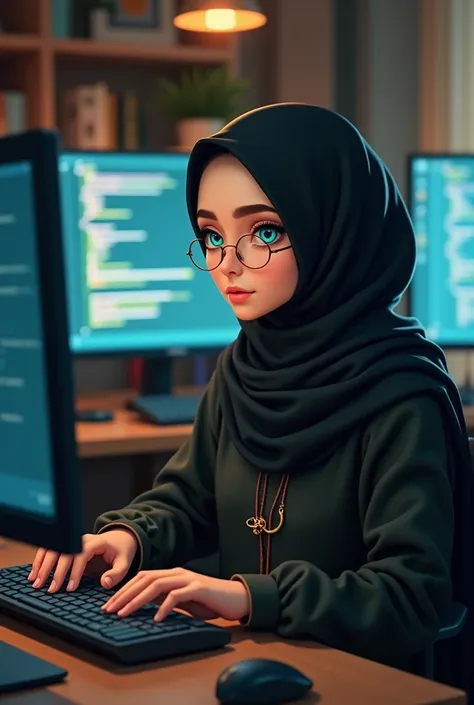 A girl hijab  wear glass-eye and use computer programming 