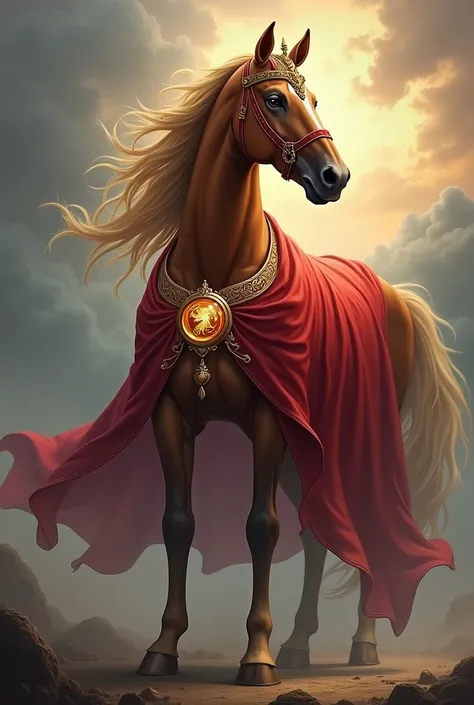  A horse with a red cape and a crown on its head, Wear an Aries necklace .