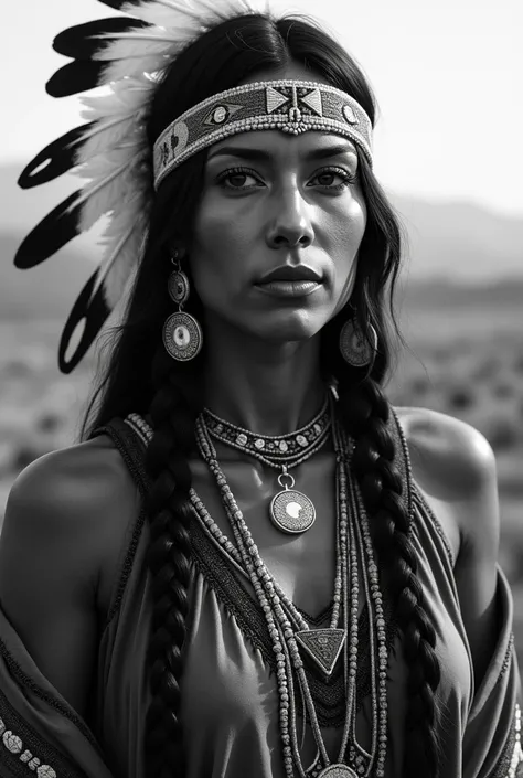  Portrait of Native American Indian Woman with. Black and White Landscape Background 