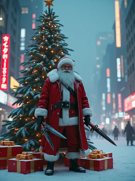 cyberpunk 2077 Santa clause with mantis blades, cyberpunk Santa clothes, night city backdrop, Christmas tree, presents around tree, snow falling, illumination of snow from near by neon lights of buildings