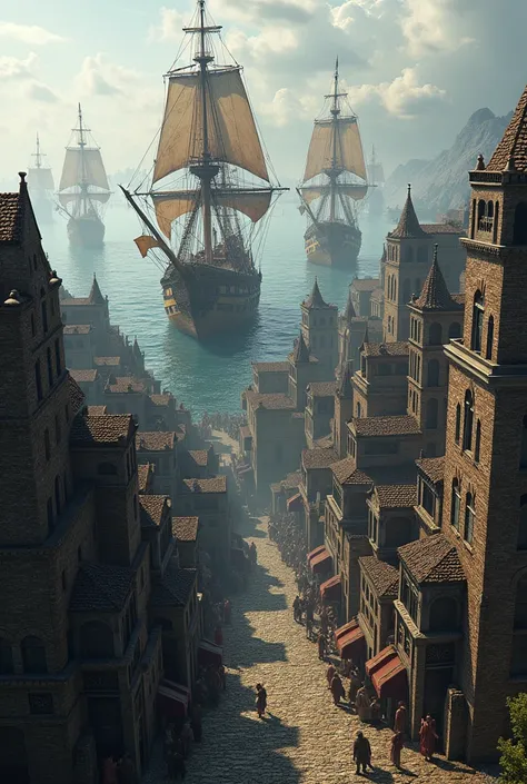 Brick Port Town 、 Intricate Grey Brick Townscape、 Large Age of Discovery Merchant Ships 