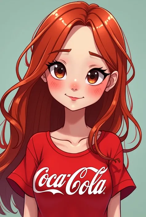  A cartoon ,Women,long red hair,light red skin ,tender black eyes, neckline , red clothing that says Coca-Cola 