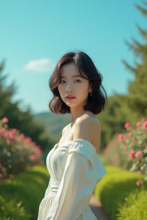 A topless Korean girl wearing an off-shoulder shirt but looking like a work dress. Photographed in the middle of the garden, the sky has a beautiful fresh sky.