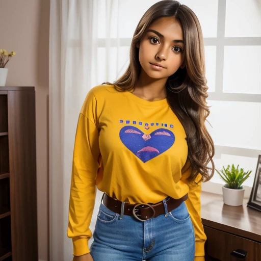 a petite cute extrovert vibrant skinny tan skin yuriria guanajuato teen, long volumetric brown hair, beautiful detailed brown eyes, cutely detailed lips, super cute highly detailed eyes and face, round shape face, small breasts, long sleeve Tee shirt tucke...